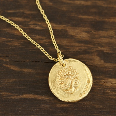 Gold plated sterling silver pendant necklace, 'French Glory' - French Medallion Gold Plated Silver Pendant Necklace