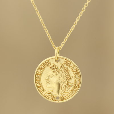 Gold plated sterling silver pendant necklace, 'Vintage Coin' - Vintage French Coin Gold Plated Sterling Silver Necklace