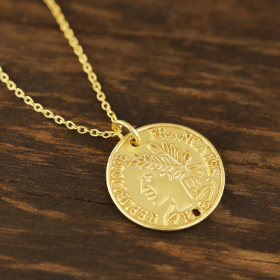 Gold plated sterling silver pendant necklace, 'Vintage Coin' - Vintage French Coin Gold Plated Sterling Silver Necklace