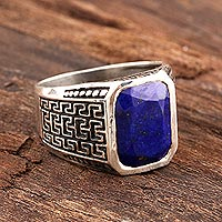 Men's Lapis Lazuli Ring from India,'Blue Greek Key'
