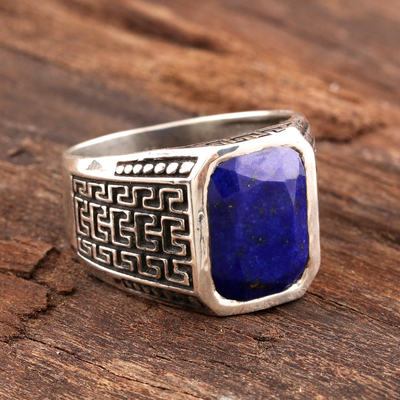 Men's lapis lazuli ring, 'Blue Greek Key' - Men's Lapis Lazuli Ring from India