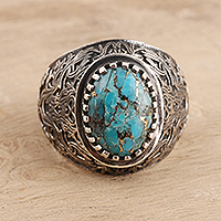 Mens composite turquoise ring, Intricate Style