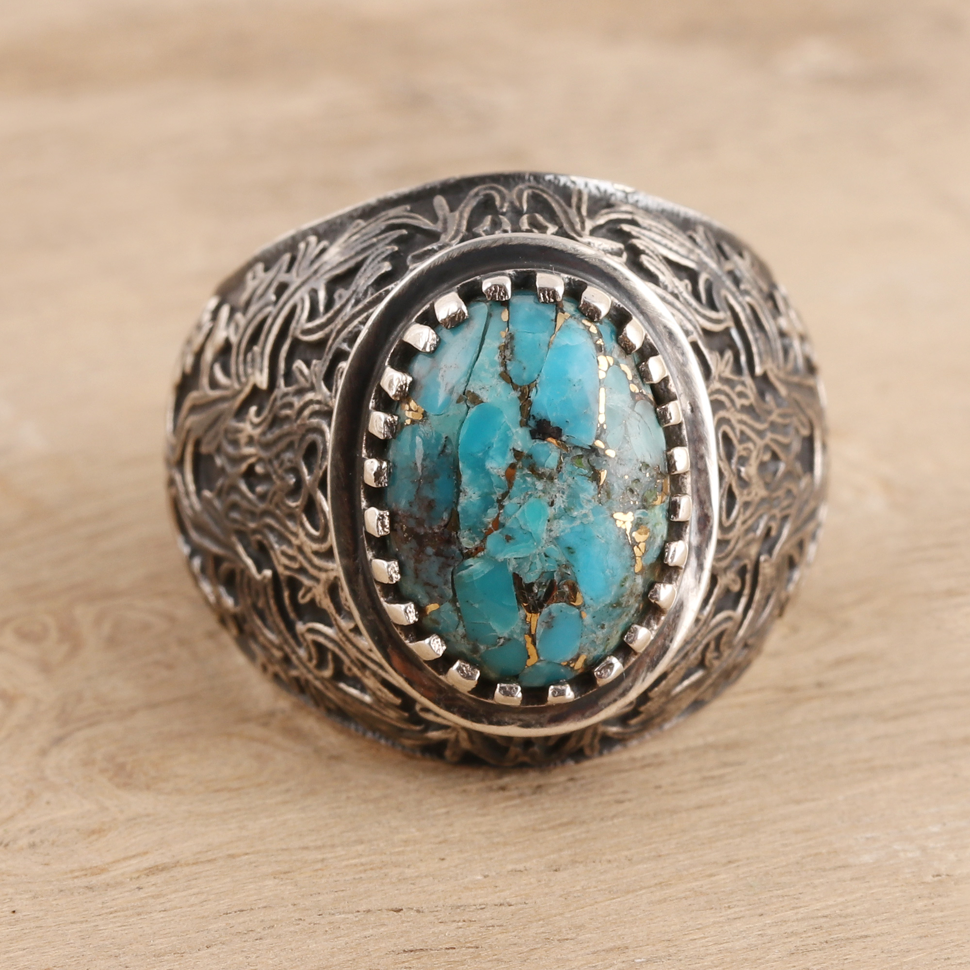 Buy Oval Turquoise Statement, Cocktail Ring, 24kt Gold and Hammered  Textured Sterling Silver Comfort Fit by Prehistoric Works | elk & HAMMER