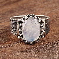 Mens rainbow moonstone ring, Cloud Prongs