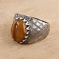 Men's tiger's eye ring, 'Dotted Diamonds' - Men's Tiger's Eye Ring Crafted in India
