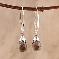 Smoky quartz dangle earrings, 'Glittering Drops'