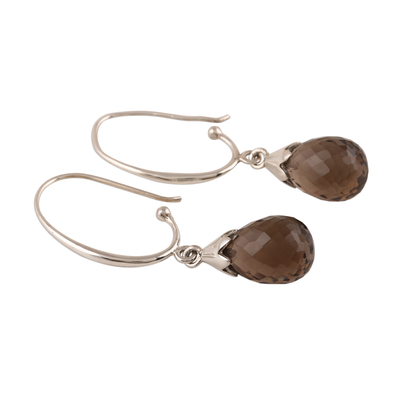 Smoky quartz dangle earrings, 'Glittering Drops' - 10-Carat Smoky Quartz Dangle Earrings from India