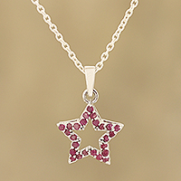 Ruby pendant necklace, 'Starry Glitter' - Faceted Ruby Star Pendant Necklace from India