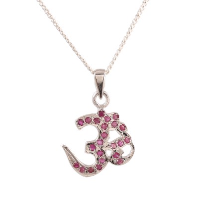 Ruby pendant necklace, 'Glittering Om' - Faceted Ruby Om Pendant Necklace from India