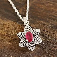 Ruby pendant necklace, 'Snow Flower' - Foral Faceted Ruby Pendant Necklace from India