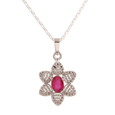 Ruby pendant necklace, 'Snow Flower' - Foral Faceted Ruby Pendant Necklace from India