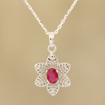 Ruby pendant necklace, 'Snow Flower' - Foral Faceted Ruby Pendant Necklace from India