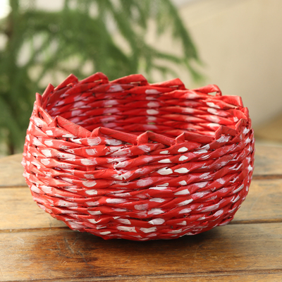 Recycled paper basket, 'Red and White' - Red and White Recycled Paper Basket from India
