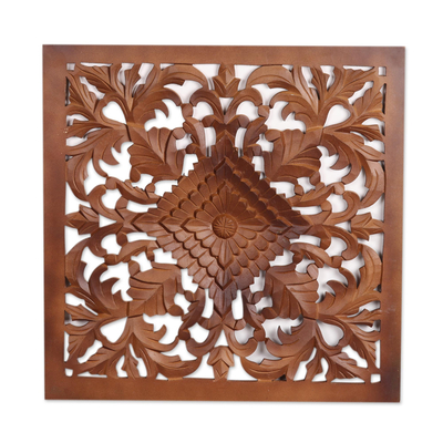 Mango wood relief panel, 'Floral Square' - Floral Mango Wood Relief Panel in Brown from India