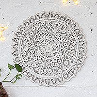 Wood relief panel, 'Snowy Bouquet' - Floral Wood Relief Panel in White from India