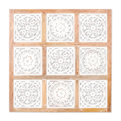 Mango wood relief panel, 'Cheery Frame' - Floral Mango Wood Relief Panel Crafted in India
