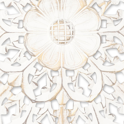 Mango wood relief panel, 'Floral Serenity' - Whitewashed Floral Mango Wood Relief Panel from India