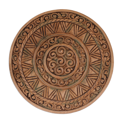 Wood relief panel, 'Radiant Disc' - Spiral Pattern Wood Relief Panel from India