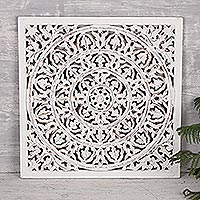 Square Floral Wood Relief Panel from India,'Mesmerizing Blossom'