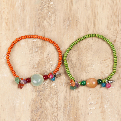 Quartz and wood beaded stretch bracelets, Boho Colors (pair)