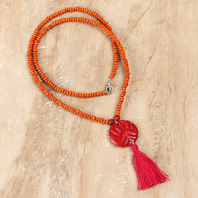 Wood beaded necklace, 'Glorious Medallion' - Wood Beaded Medallion Necklace in Red from India