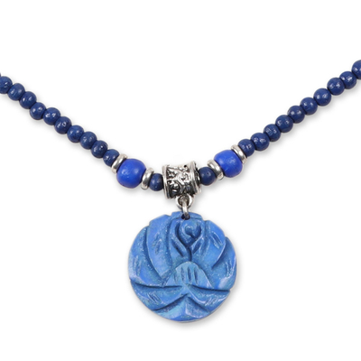 Bone and wood beaded pendant necklace, 'Flowery Medallion in Blue' - Floral Bone and Wood Beaded Pendant Necklace in Blue