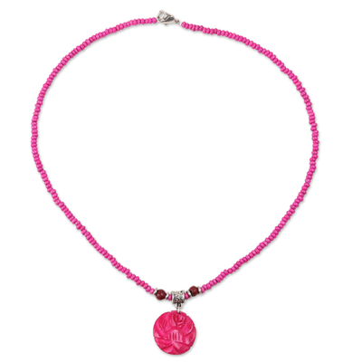 Wood beaded pendant necklace, 'Flowery Medallion in Pink' - Floral Wood Beaded Pendant Necklace in Pink