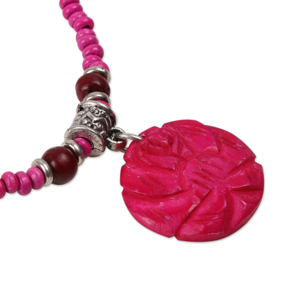 Wood beaded pendant necklace, 'Flowery Medallion in Pink' - Floral Wood Beaded Pendant Necklace in Pink