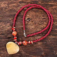 Quartz and agate beaded pendant necklace, 'Glorious Heart' - Heart-Shaped Quartz and Agate Beaded Pendant Necklace