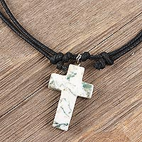 White and Green Agate Cross Necklace from India,'Faithful Flecks'
