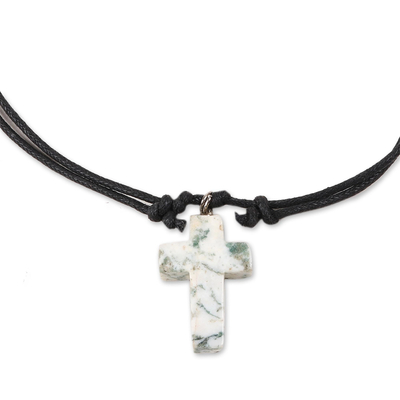 Agate pendant necklace, 'Faithful Flecks' - White and Green Agate Cross Necklace from India