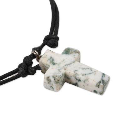 Agate pendant necklace, 'Faithful Flecks' - White and Green Agate Cross Necklace from India