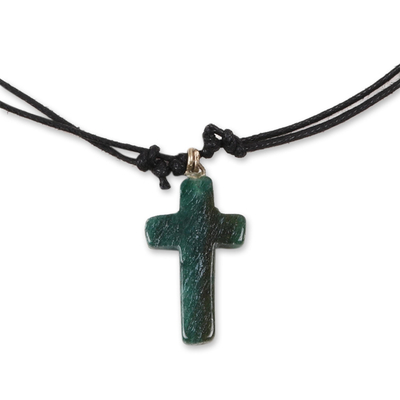 Agate pendant necklace, 'Cross of New Life' - Green Agate Cross Pendant Necklace Crafted in India