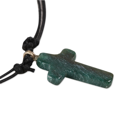 Agate pendant necklace, 'Cross of New Life' - Green Agate Cross Pendant Necklace Crafted in India