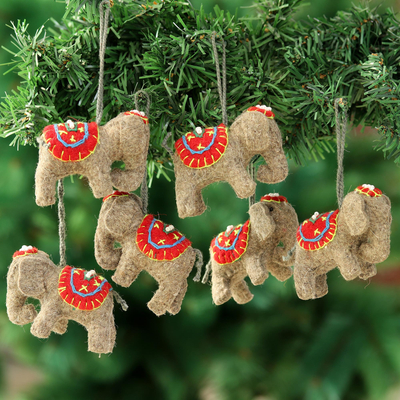 Wool felt ornaments, 'Cute Elephants' (set of 6) - Wool Felt Elephant Ornaments from India (Set of 6)