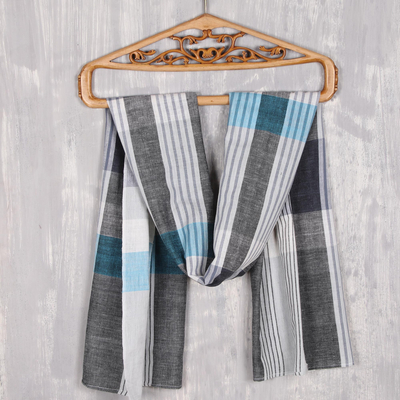 Cotton shawl, 'Blissful Combination' - Patterned Blue and Grey Cotton Shawl from India