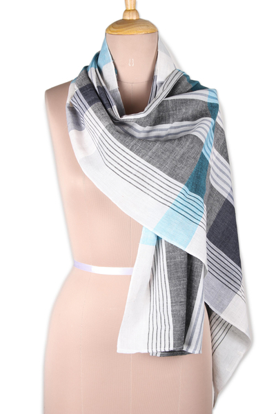 Patterned Blue and Grey Cotton Shawl from India