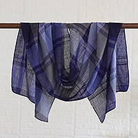 Cotton shawl, 'Classic Blue' - Blue and Grey Patterned Cotton Shawl from India