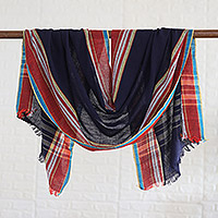 Handwoven Navy and Multicolored Cotton Shawl from India,'Magical Midnight'