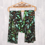 Viscose shawl, 'Blissful Fusion in Green' - Green and Caramel Viscose Shawl Crafted in India