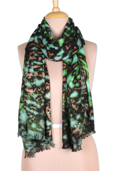 Viscose shawl, 'Blissful Fusion in Green' - Green and Caramel Viscose Shawl Crafted in India