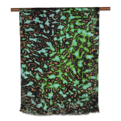 Viscose shawl, 'Blissful Fusion in Green' - Green and Caramel Viscose Shawl Crafted in India