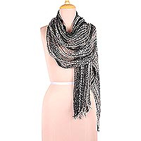 Viscose blend shawl, 'Midnight Glimmer' - Black Ivory and Ash Viscose Blend Shawl from India