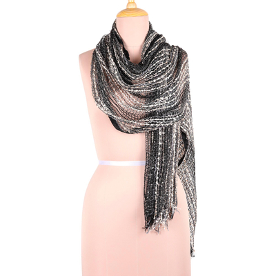 Viscose blend shawl, 'Midnight Glimmer' - Black Ivory and Ash Viscose Blend Shawl from India