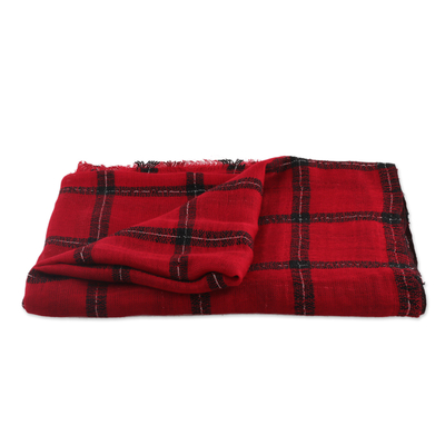 Viscose blend scarf, 'Crimson Checks' - Checked Viscose Blend Wrap Scarf in Crimson from India