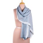 Viscose shawl, 'Cadet Blue Saga' - Azure Viscose Shawl with White Borders from India