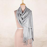 Silk shawl, 'Silver Nights' - Pure Silk Shawl in Silver Grey from India
