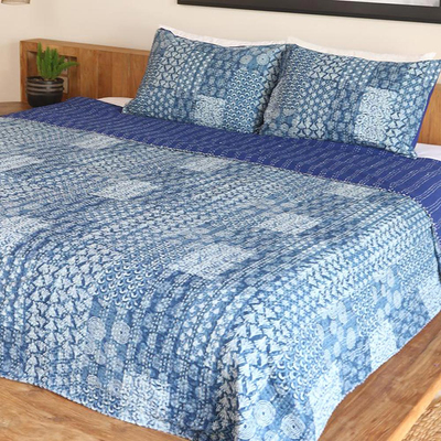 Cotton bedspread set, 'Kantha Charm in Indigo' (3 piece) - Blue and White Cotton Kantha Bedspread and Shams (3 Piece)