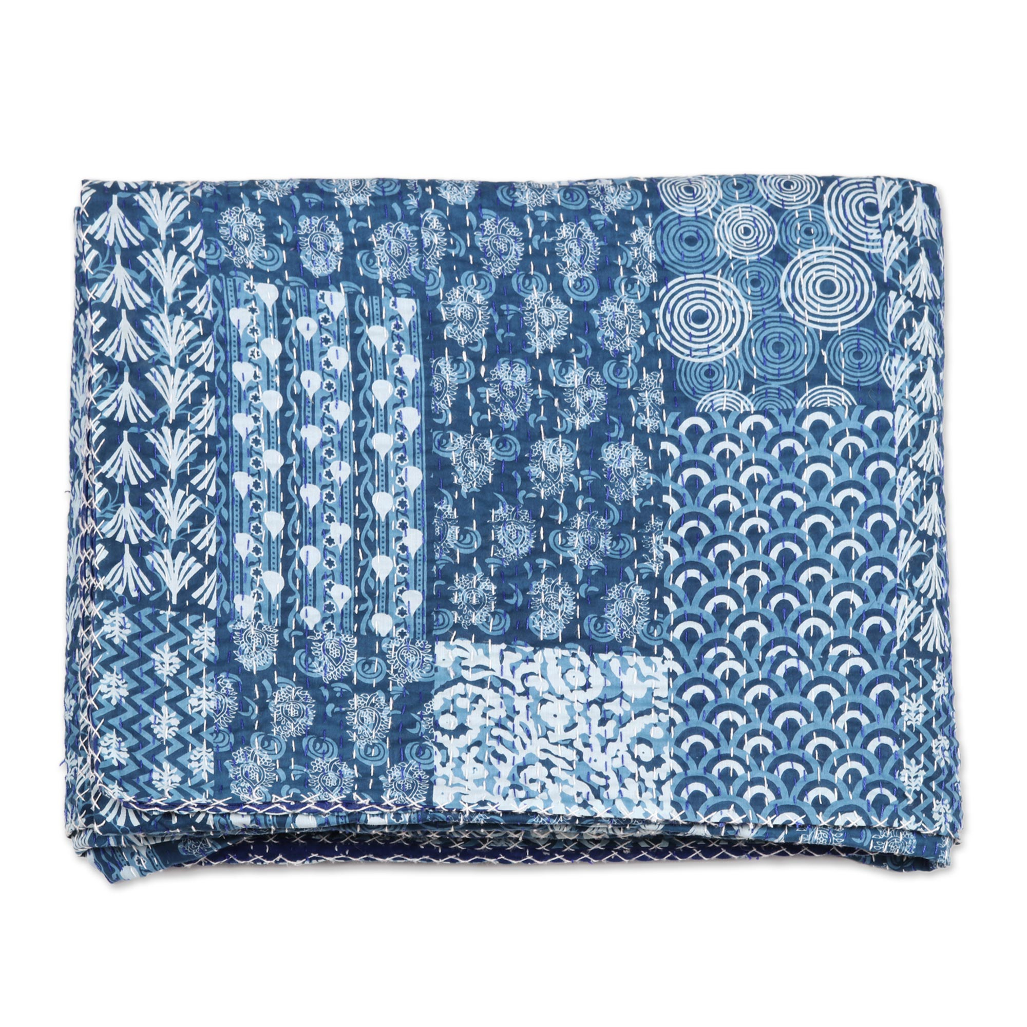 UNICEF Market | Blue and White Cotton Kantha Bedspread and Shams (3 ...