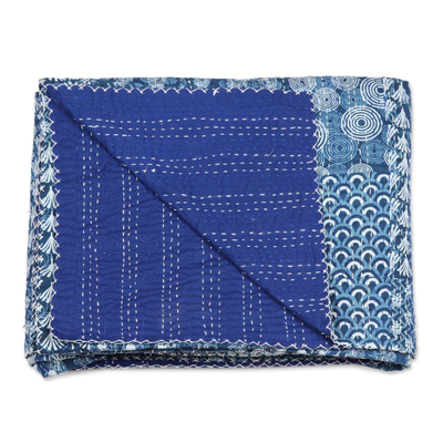 Cotton bedspread set, 'Kantha Charm in Indigo' (3 piece) - Blue and White Cotton Kantha Bedspread and Shams (3 Piece)